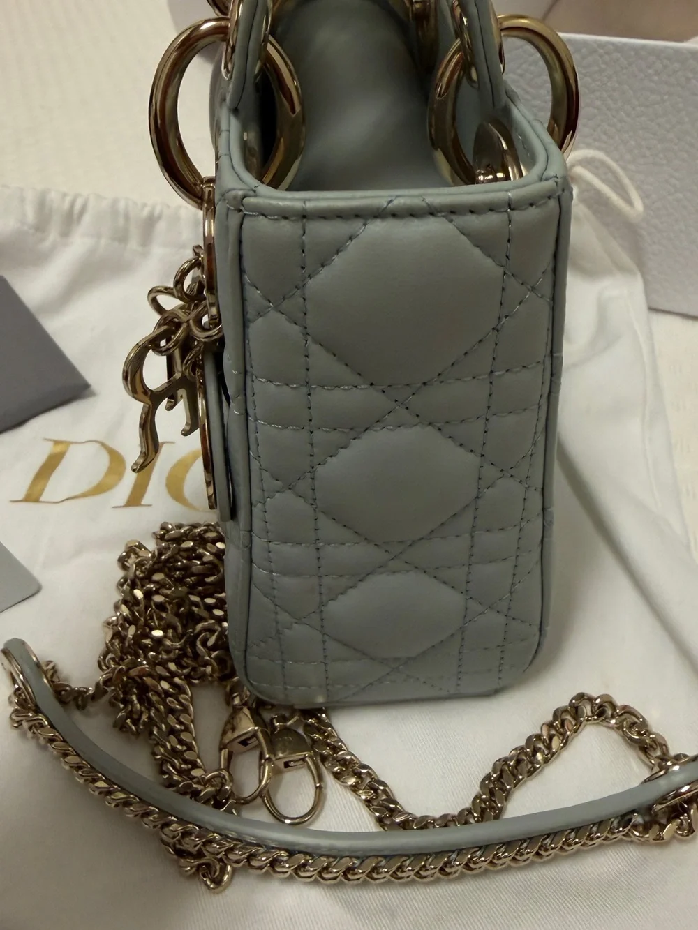 Dior Mini Lady Dior Top Handle Bag in Pale Slate Gray with Gold Hardware - Picture 3 of 10